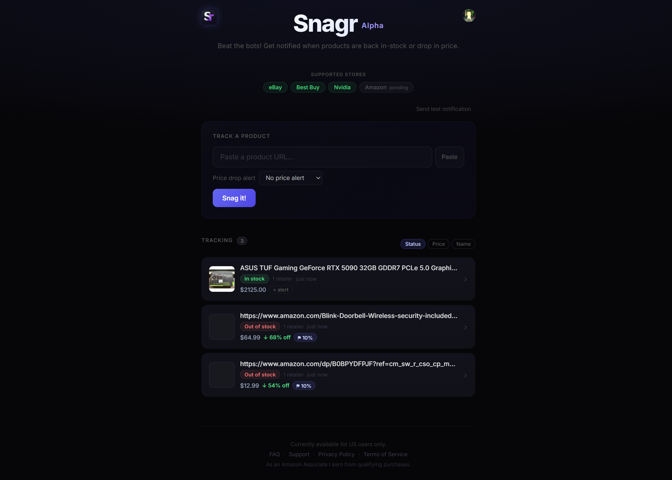 Snagr tracking page
